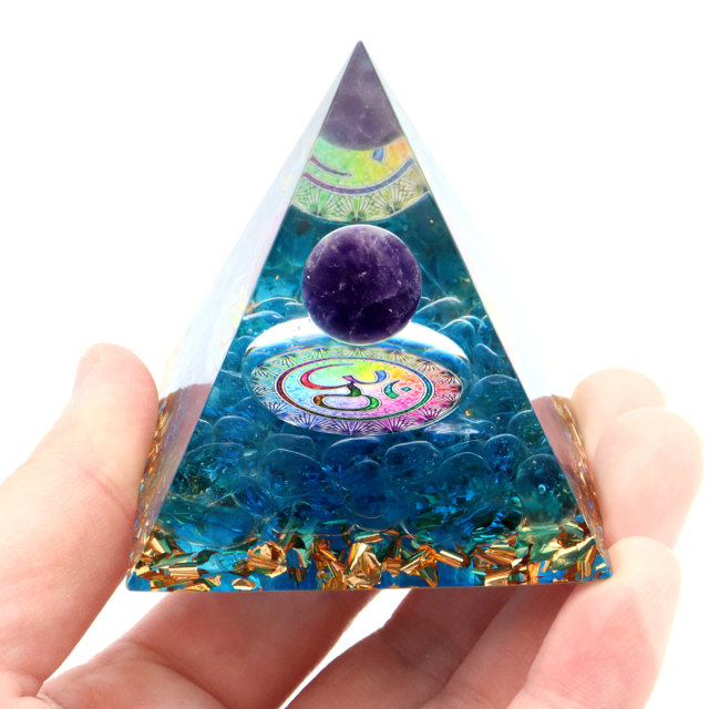 オルゴナイト ピラミッド アメジスト 丸玉入り 紫水晶 幾何学模様 orgonite pyramid  置物 天然石 パワーストーン 浄化