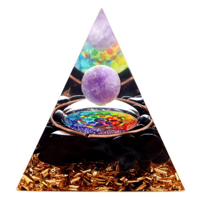 オルゴナイト ピラミッド アメジスト 丸玉入り オブシディアン さざれ 紫水晶 曼荼羅 orgonite pyramid  置物 天然石 