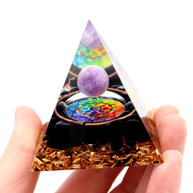 オルゴナイト ピラミッド アメジスト 丸玉入り オブシディアン さざれ 紫水晶 曼荼羅 orgonite pyramid  置物 天然石 