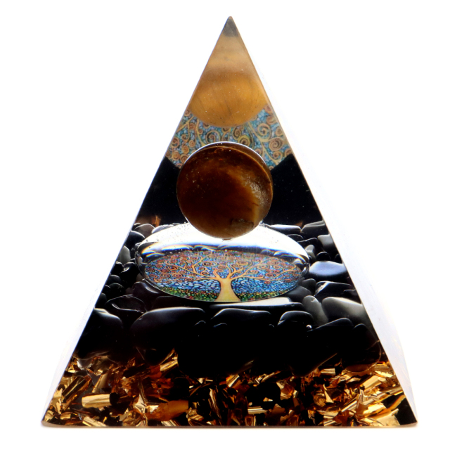 オルゴナイト ピラミッド 生命の樹 オブシディアン さざれ タイガーアイ 丸玉入り orgonite pyramid  置物 天然石 パワーストーン 浄化