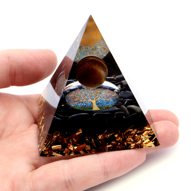 オルゴナイト ピラミッド 生命の樹 オブシディアン さざれ タイガーアイ 丸玉入り orgonite pyramid  置物 天然石 パワーストーン 浄化