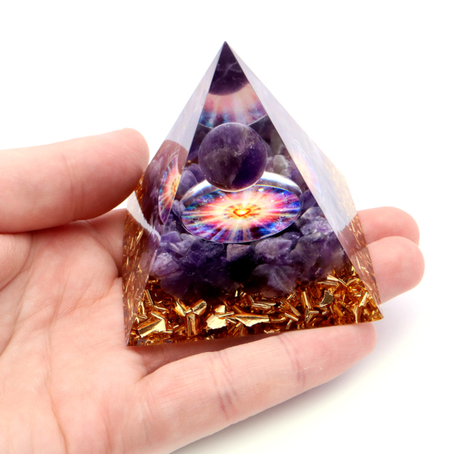 オルゴナイト ピラミッド 愛心 ハート アメジスト さざれ 丸玉入り 紫水晶 orgonite pyramid  置物 天然石 パワーストーン 浄化