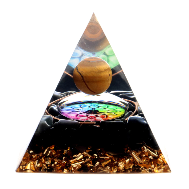 オルゴナイト ピラミッド チャクラ オブシディアン さざれ タイガーアイ 丸玉入り orgonite pyramid  置物 天然石 パワーストーン 浄化