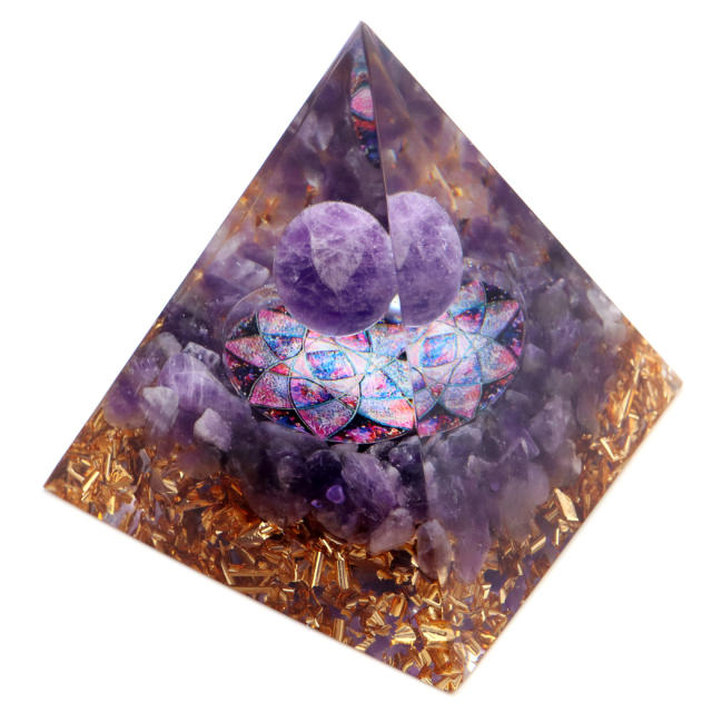 オルゴナイト ピラミッド アメジスト さざれ 丸玉入り 紫水晶 orgonite pyramid  置物 天然石 パワーストーン 浄化