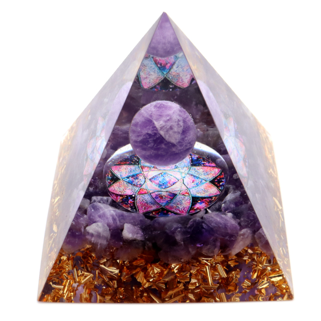 オルゴナイト ピラミッド アメジスト さざれ 丸玉入り 紫水晶 orgonite pyramid  置物 天然石 パワーストーン 浄化