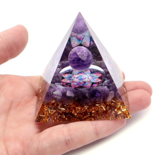 オルゴナイト ピラミッド アメジスト さざれ 丸玉入り 紫水晶 orgonite pyramid  置物 天然石 パワーストーン 浄化