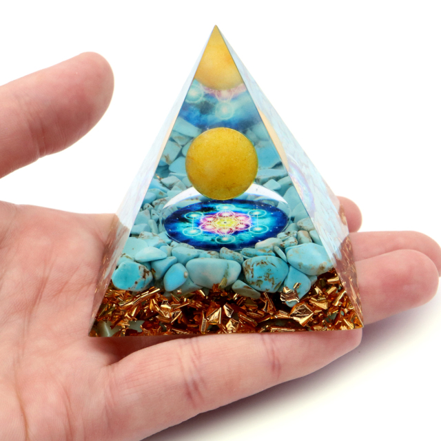 オルゴナイト ピラミッド ターコイズ トルコ石 さざれ アラゴナイト 丸玉入り 六芒星  orgonite pyramid  置物 天然石