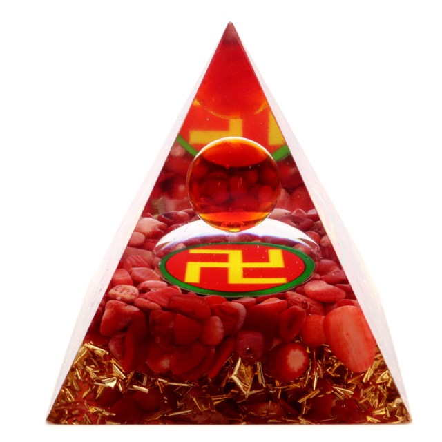 オルゴナイト ピラミッド レッドコーラル さざれ 珊瑚 卍 orgonite pyramid  置物 天然石 パワーストーン 浄化