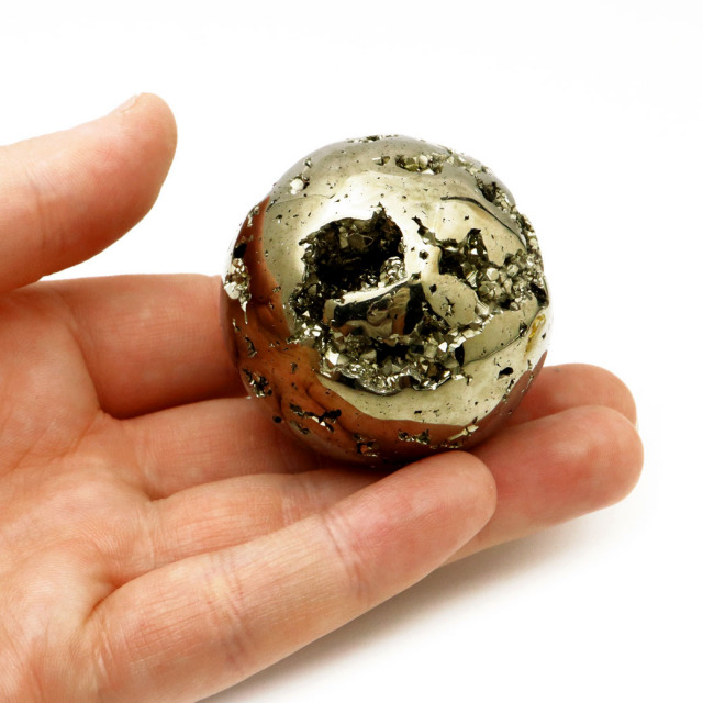 パイライト 丸玉 47mm 1点物 ペルー産 台座付き 置き物 天然石 パワーストーン ピカピカ鏡面 黄鉄鉱 