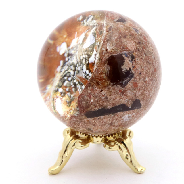 パイライト イン ガーデンクォーツ 丸玉 台座付き 庭園水晶 黄鉄鉱 天然石 Pyrite 1点もの