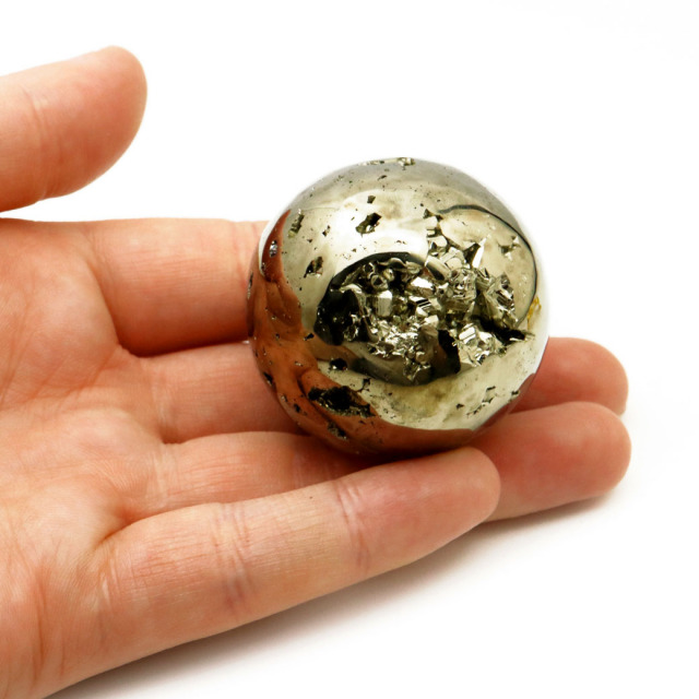 パイライト 丸玉 44mm 1点物 ペルー産 台座付き 置き物 天然石 パワーストーン ピカピカ鏡面 黄鉄鉱 