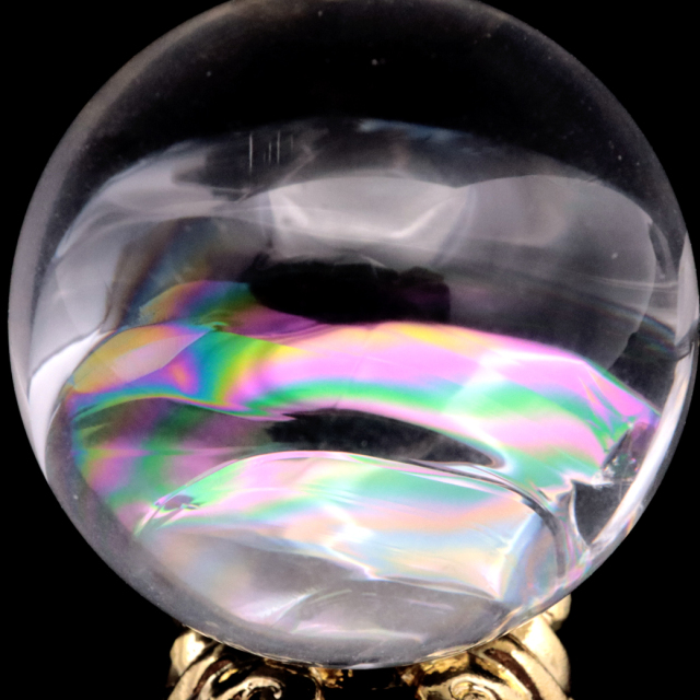 0725100  レインボーアイリスクォーツ　30ミリ　台座付き アイリスクォーツ 丸玉 水晶 虹入り AA 天然 直径約30mm 台座