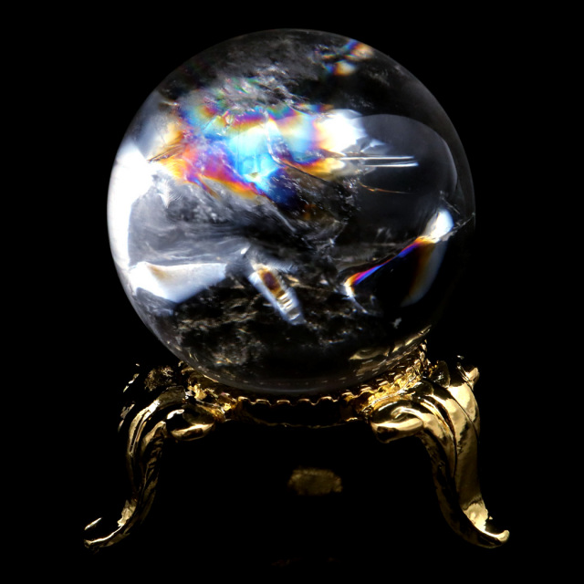 アイリスクォーツ 丸玉 水晶 虹入り AA 天然台座付き レインボー パワーストーン 天然石 1点もの 置き物 玉 球 本物 風水 グッズ 占い