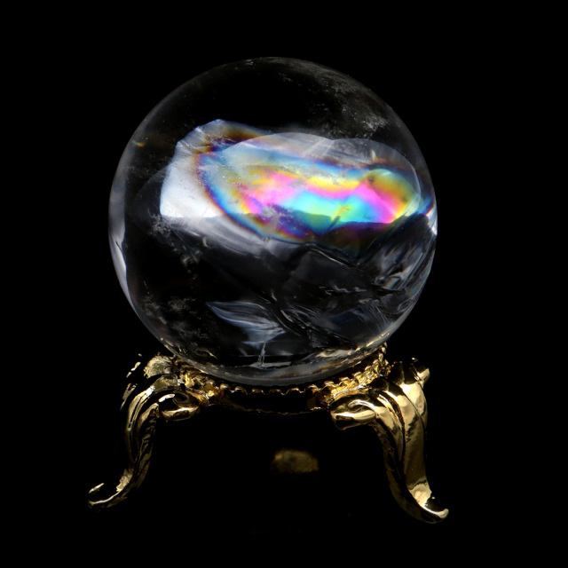 アイリスクォーツ 丸玉 水晶 虹入り AA 天然台座付き レインボー パワーストーン 天然石 1点もの 置き物 玉 球 本物 風水 グッズ 占い
