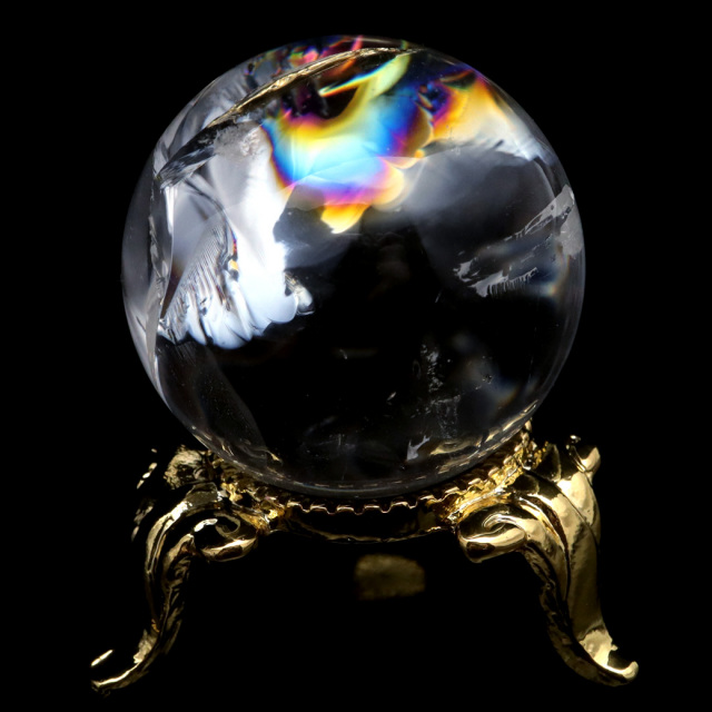 アイリスクォーツ 丸玉 水晶 虹入り AA 天然台座付き レインボー パワーストーン 天然石 1点もの 置き物 玉 球 本物 風水 グッズ 占い