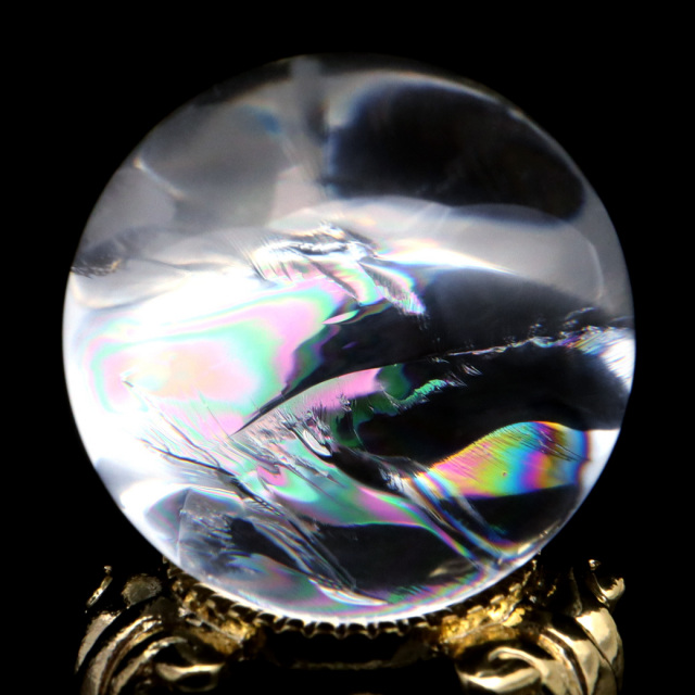 アイリスクォーツ 丸玉 水晶 虹入り AA 天然台座付き レインボー パワーストーン 天然石 1点もの 置き物 玉 球 本物 風水 グッズ 占い
