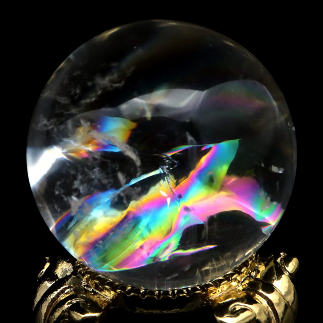 アイリスクォーツ 丸玉 水晶 虹入り AA 天然台座付き レインボー パワーストーン 天然石 1点もの 置き物 玉 球 本物 風水 グッズ 占い