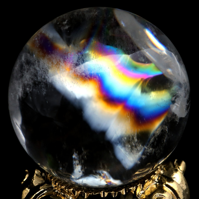アイリスクォーツ 丸玉 水晶 虹入り AA 天然台座付き レインボー パワーストーン 天然石 1点もの 置き物 玉 球 本物 風水 グッズ 占い