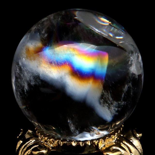 アイリスクォーツ 丸玉 水晶 虹入り AA 天然台座付き レインボー パワーストーン 天然石 1点もの 置き物 玉 球 本物 風水 グッズ 占い