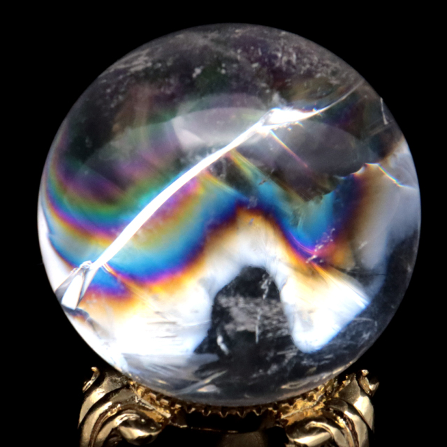 アイリスクォーツ 丸玉 水晶 虹入り 天然 台座付き レインボー パワーストーン 天然石 1点もの クリスタル 七色 置き物