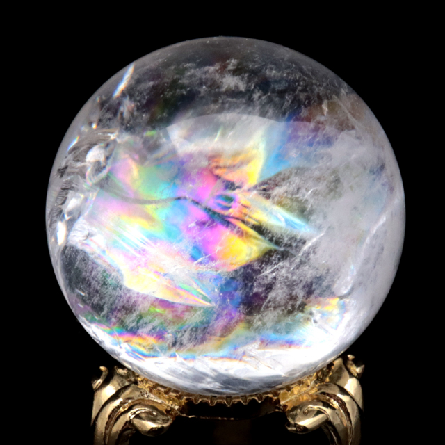 アイリスクォーツ 丸玉 水晶 虹入り 天然 台座付き レインボー パワーストーン 天然石 1点もの クリスタル 七色 置き物
