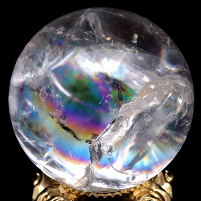 アイリスクォーツ 丸玉 水晶 虹入り 天然 台座付き レインボー パワーストーン 天然石 1点もの クリスタル 七色 置き物