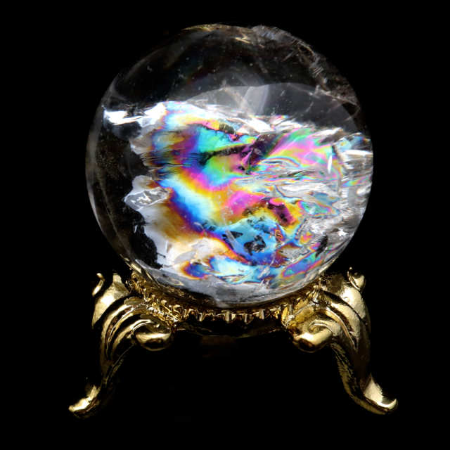 0725100  レインボーアイリスクォーツ　30ミリ　台座付き アイリスクォーツ 丸玉 水晶 虹入り AA 天然 直径約30mm 台座