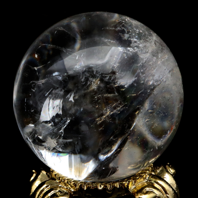 0709143  天然水晶虹入り✨丸玉台付29ミリ 最高級・大玉】天然レインボー水晶丸玉【専用切株台座付き】虹