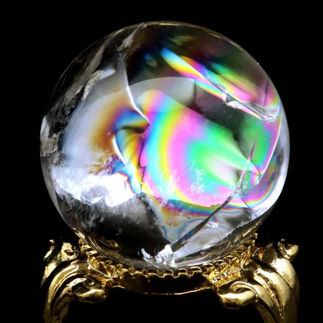 アイリスクォーツ 丸玉 水晶 虹入り AA 天然 台座付き レインボー パワーストーン 天然石 1点もの 置き物 玉 球 本物 風水 グッズ 占い