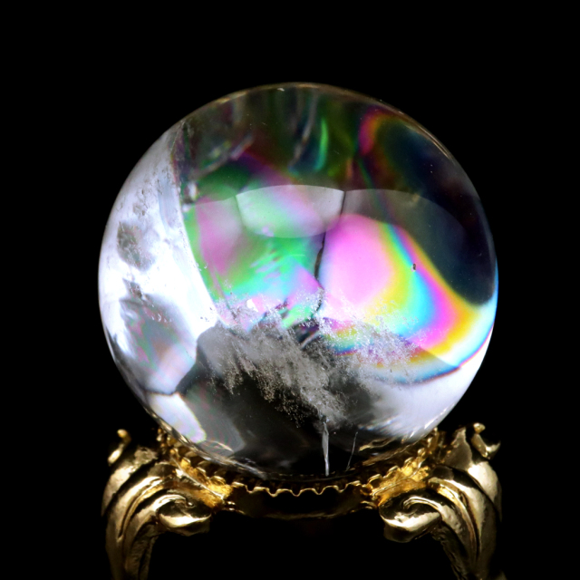 アイリスクォーツ 丸玉 水晶 虹入り AA 天然 台座付き レインボー パワーストーン 天然石 1点もの 置き物