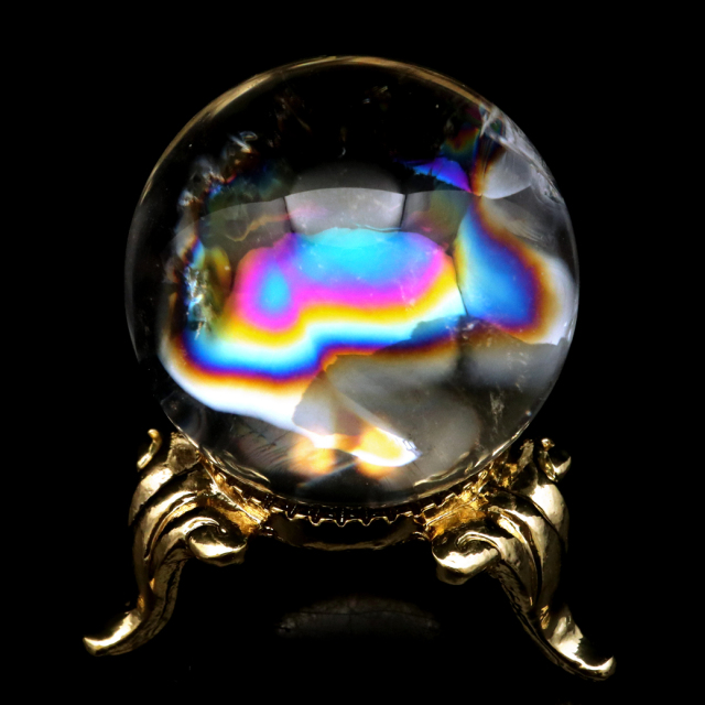 アイリスクォーツ 丸玉 水晶 虹入り AA 天然 台座付き レインボー パワーストーン 天然石 1点もの 置き物