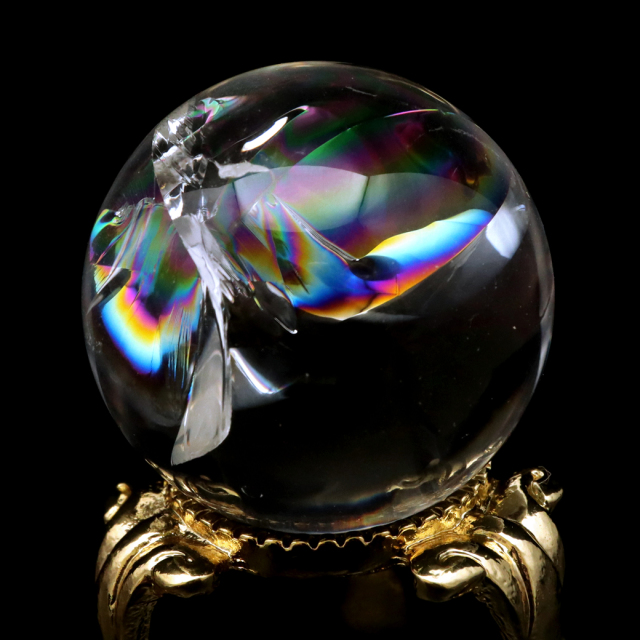 アイリスクォーツ 丸玉 水晶 虹入り AA 天然 直径約29mm 台座付き