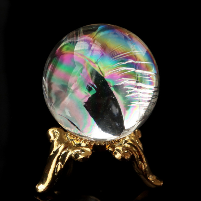 アイリスクォーツ 虹入り 天然 水晶 丸玉 直径約23mm 台座付き