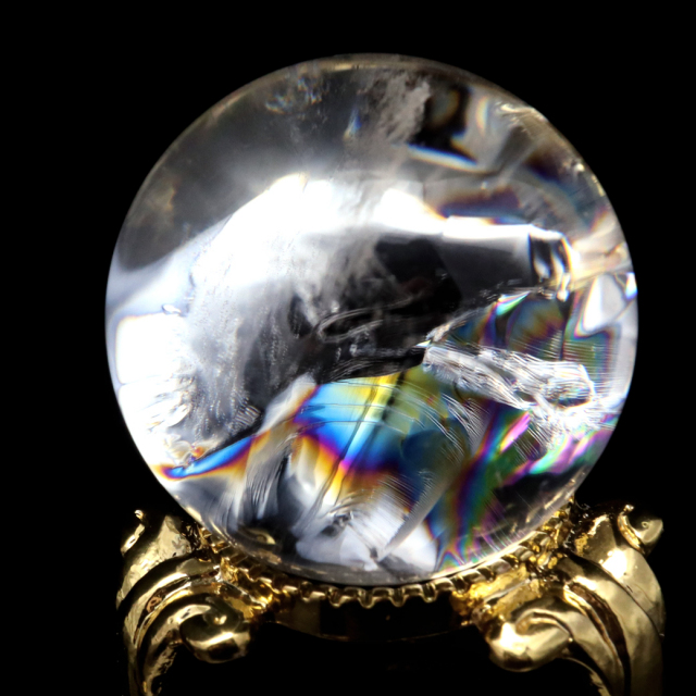 アイリスクォーツ 丸玉 水晶 虹入り AA 天然 台座付き レインボー パワーストーン 天然石 1点もの 置き物 玉 球 本物 風水