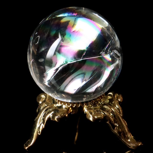 アイリスクォーツ 虹入り 天然 水晶 丸玉 台座付き レインボー パワーストーン 天然石