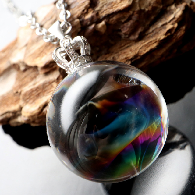 アイリスクォーツ 虹入り 丸玉 水晶 ペンダント高品質 チェーン付き パワーストーン