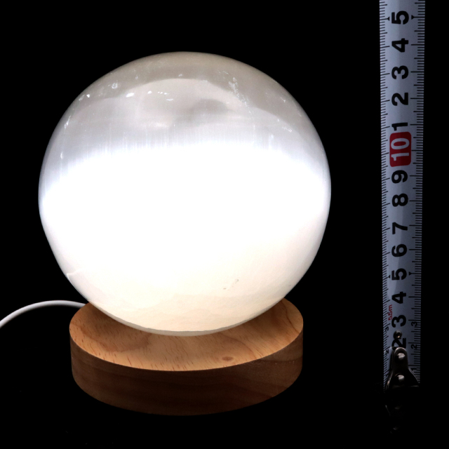 セレナイト 丸玉 LEDライト 台座付き 大玉 直径約11cm モロッコ産 キャッツアイセレナイト 置き物 透石膏