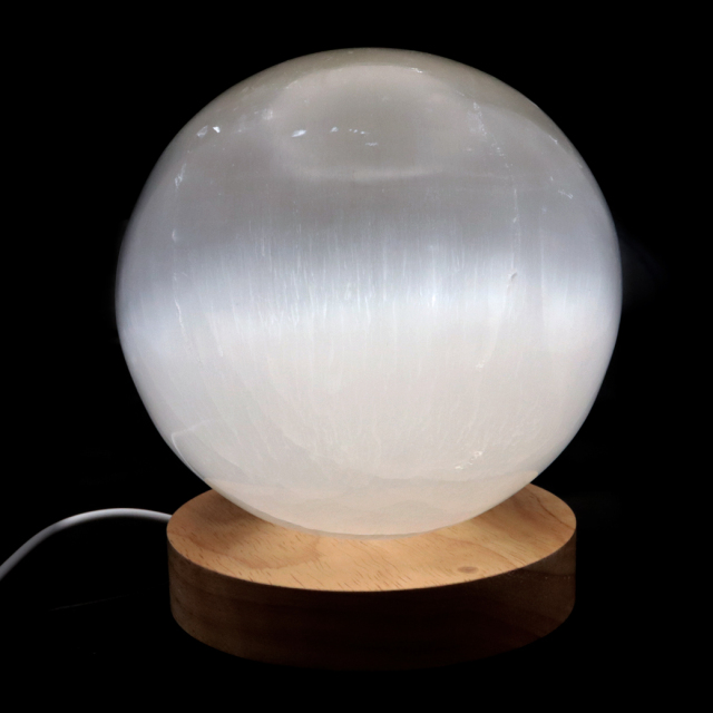 セレナイト 丸玉 LEDライト 台座付き 大玉 直径約11cm モロッコ産 キャッツアイセレナイト 置き物 透石膏
