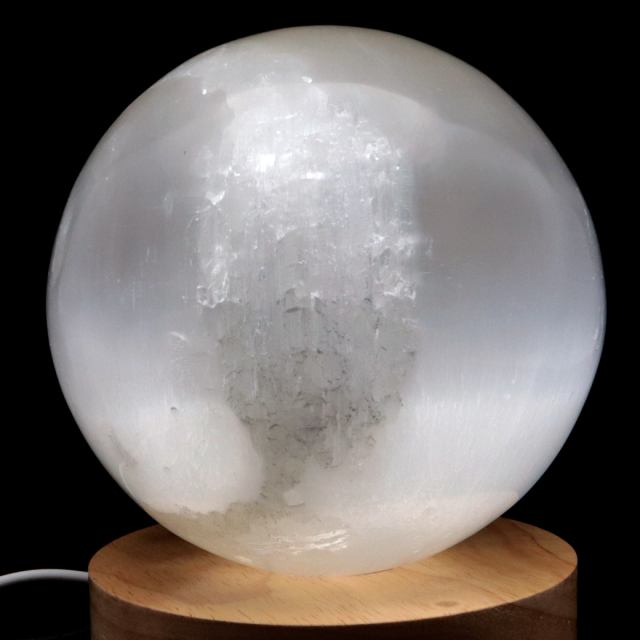 セレナイト 丸玉 LEDライト 台座付き 大玉 直径約10cm モロッコ産 キャッツアイセレナイト 置き物 透石膏