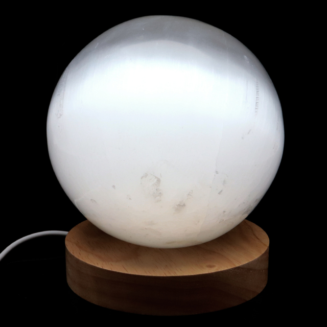 セレナイト 丸玉 LEDライト 台座付き 大玉 直径約10cm モロッコ産 キャッツアイセレナイト 置き物 透石膏