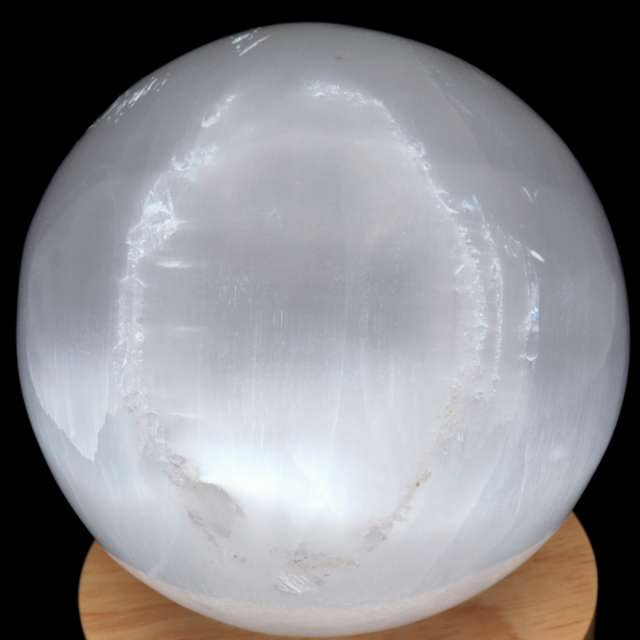 セレナイト 丸玉 LEDライト 台座付き 大玉 直径約10cm モロッコ産 キャッツアイセレナイト 置き物 透石膏