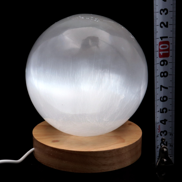 セレナイト 丸玉 LEDライト 台座付き 大玉 直径約10cm モロッコ産 キャッツアイセレナイト 置き物 透石膏