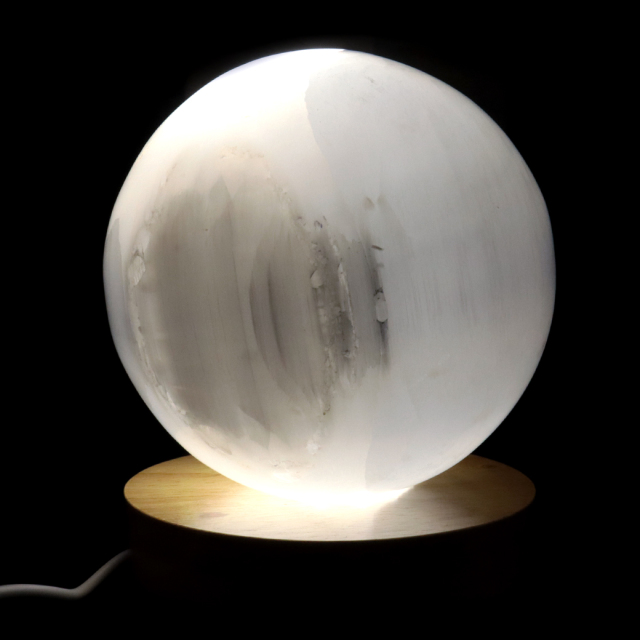 セレナイト 丸玉 LEDライト 台座付き 大玉 直径約10cm モロッコ産 キャッツアイセレナイト 置き物 透石膏