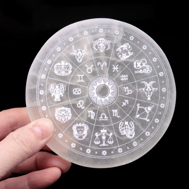 セレナイト ディスク ツリーオブライフ 星座 約10cm 置き物 モロッコ産 原石 置物 星座シンボル 十二星座