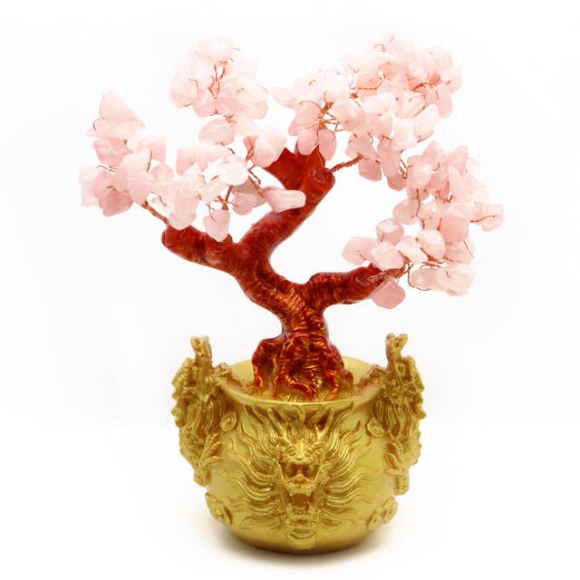 招財樹 壺型 ローズクォーツ 紅水晶 龍 風水置物 インテリア 金運祈願 開運 商売繁盛祈願