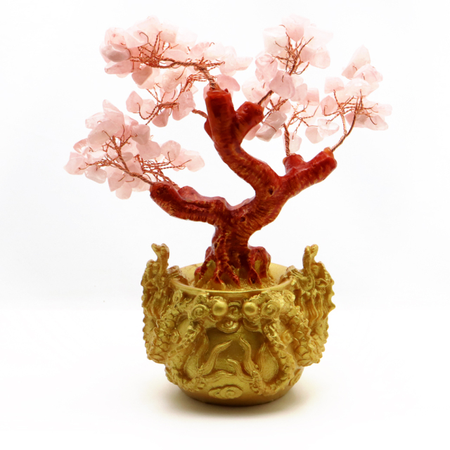 招財樹 壺型 ローズクォーツ 紅水晶 龍 風水置物 インテリア 金運祈願 開運 商売繁盛祈願