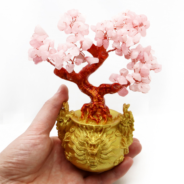 招財樹 壺型 ローズクォーツ 紅水晶 龍 風水置物 インテリア 金運祈願 開運 商売繁盛祈願