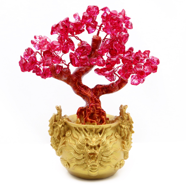 招財樹 壺型 チェリークォーツ 龍 風水置物 インテリア 金運祈願 開運
