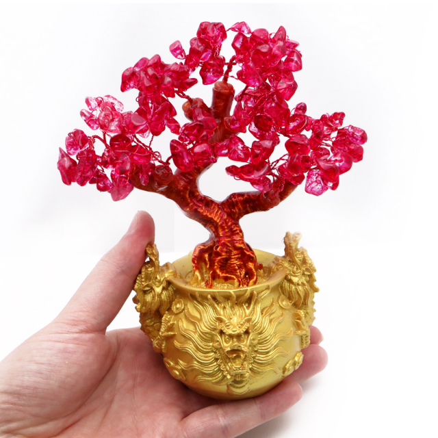 招財樹 壺型 チェリークォーツ 龍 風水置物 インテリア 金運祈願 開運 商売繁盛