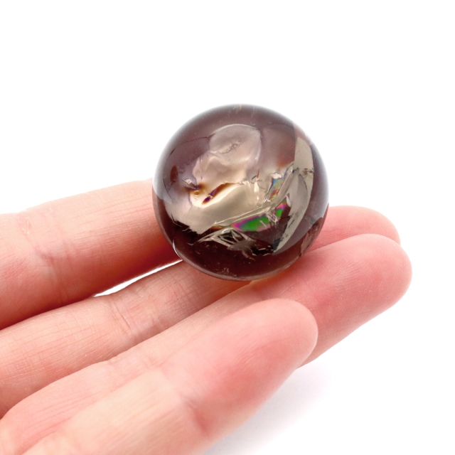 スモーキークォーツ 丸玉 23-24mm 虹入り 水晶 アイリスクォーツ 煙水晶 台座付き オブジェ インテリア 風水